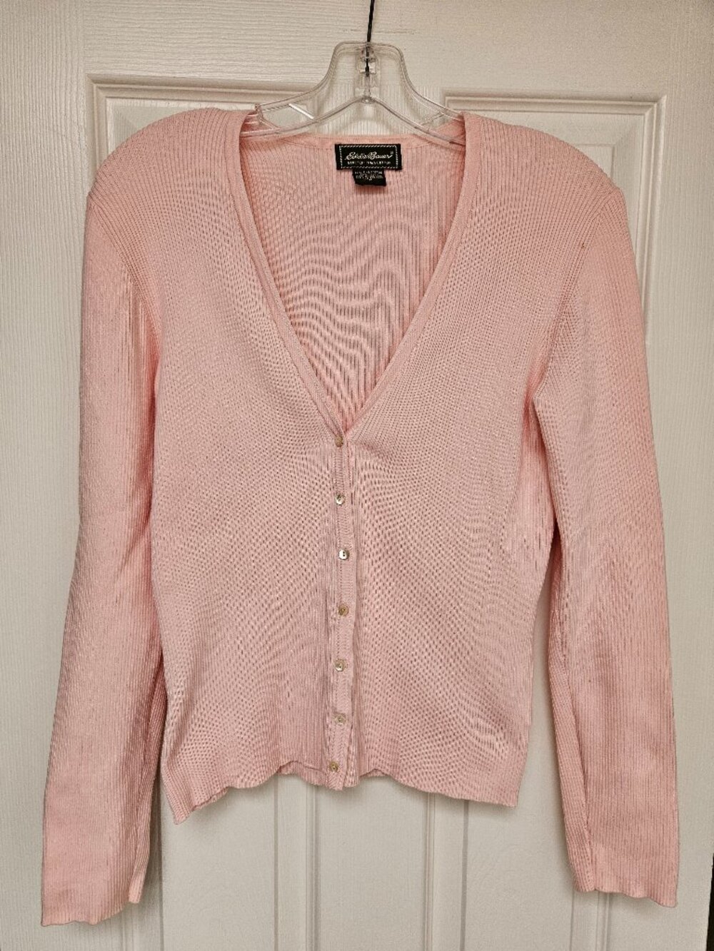Eddie Bauer Light Pink Ribbed V-Neck Button-Down Cardigan Sweater Size M